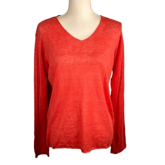Liz Claiborne 100% Linen Coral Long Sleeve Open Knit Sheer Top Size Small - Picture 1 of 6